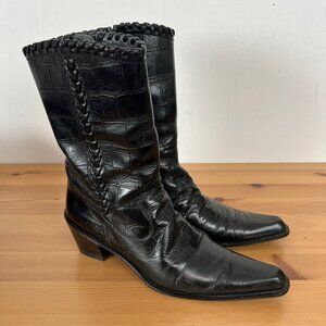 Stuart Weitzman Easyrider Crocodile Boots Black Leather Western Point Toe Sz 8W